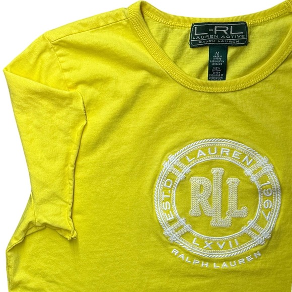 Lauren Ralph Lauren Active Yellow Embroidered Logo Tee M Sleeves Cut Off - Picture 5 of 8